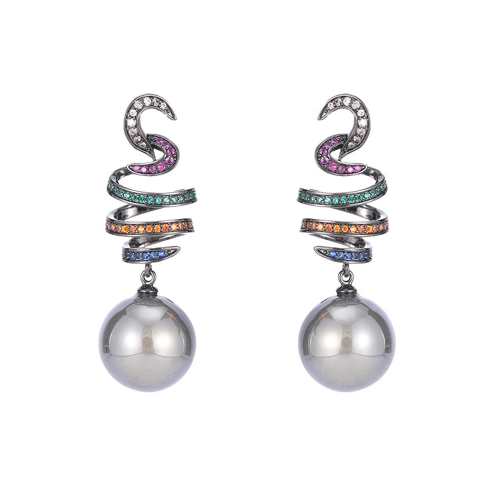 Elegant Multicolor Cubic Zirconia Dangle Earrings for Women – Geometric Design with Simulated Grey Pearls, Perfect for Weddings & Parties Ophelia