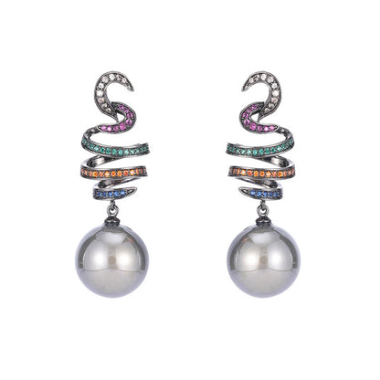 Elegant Multicolor Cubic Zirconia Dangle Earrings for Women – Geometric Design with Simulated Grey Pearls, Perfect for Weddings & Parties Ophelia