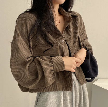 Women's Elegant Corduroy Jacket - Single-Breasted Casual Coat with Turn-Down Collar and Short Lantern Sleeves Celeste