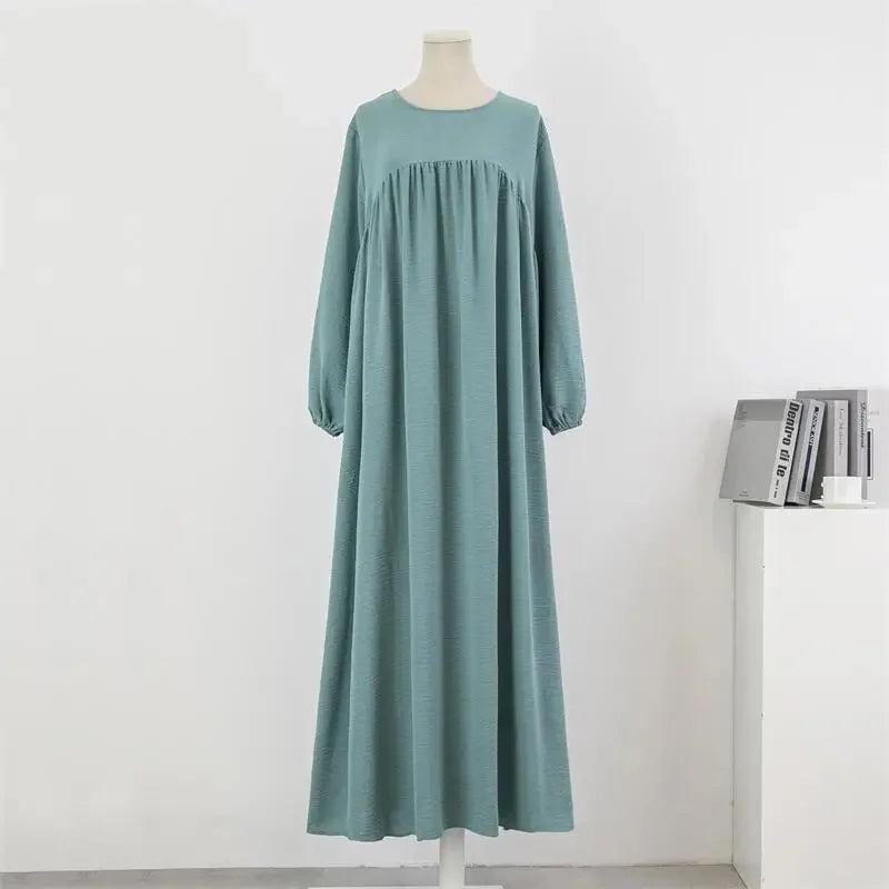 Muslim Modest Dress Women Abayas Full Sleeve Loose Prayer Dresses O-neck Casual Solid Ramadan Maxi Dresses Islamic Clothing