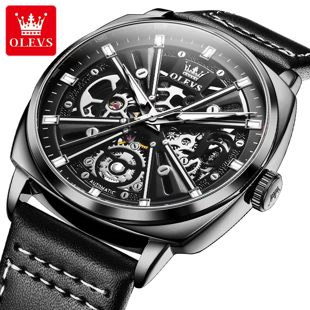 OLEVS 6685 Men's Luxury Skeleton Watch -Automatic Mechanical Sports Watch with Luminous Dial and Genuine Leather Strap