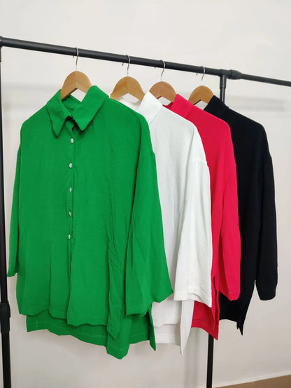 Women Spring Summer Comfortable Casual Solid Color Split Shirt Casual Loose Flared Sleeves Shirt