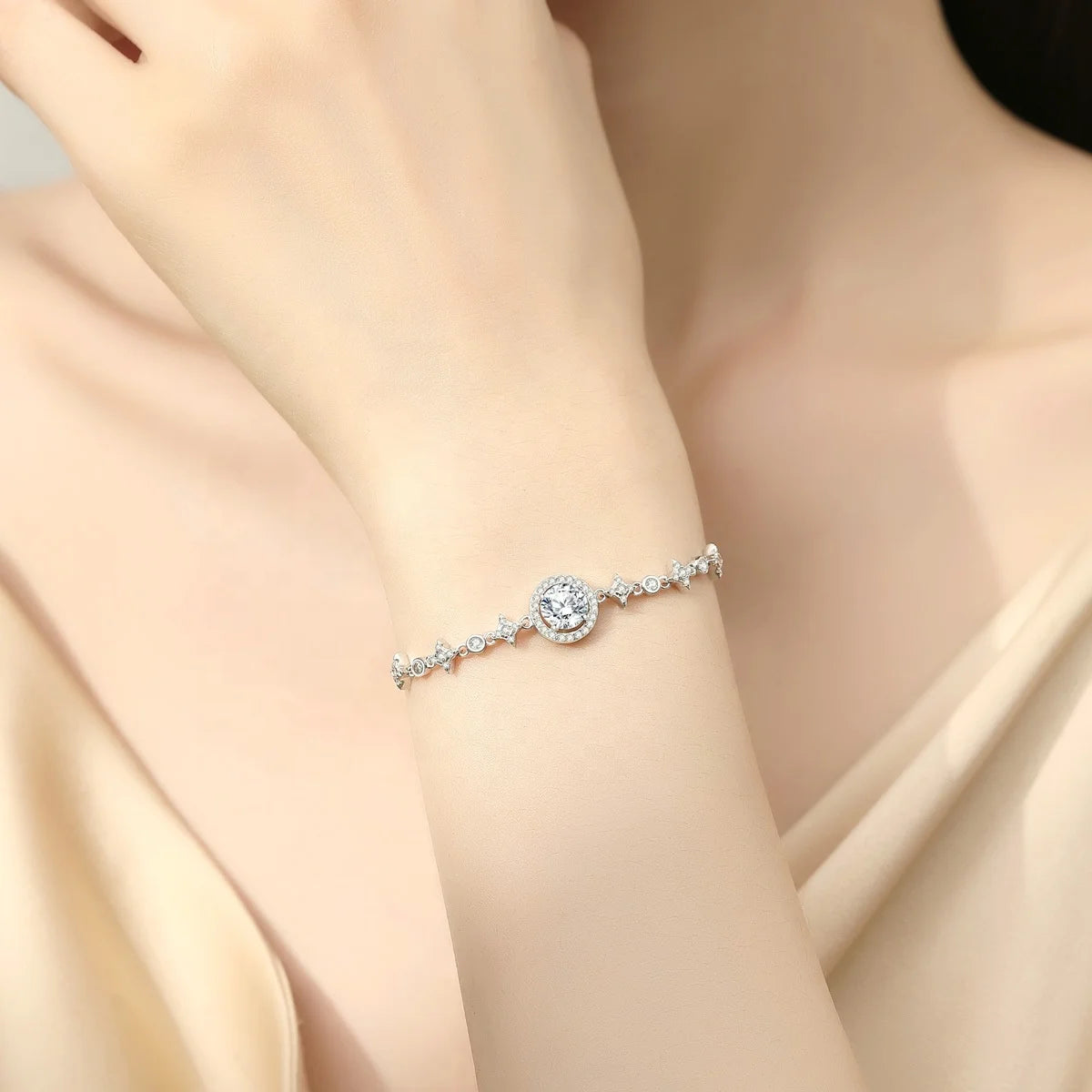 Fine Jewelry: 925 Sterling Silver Moissanite Bracelet with Bowknot Design Althea