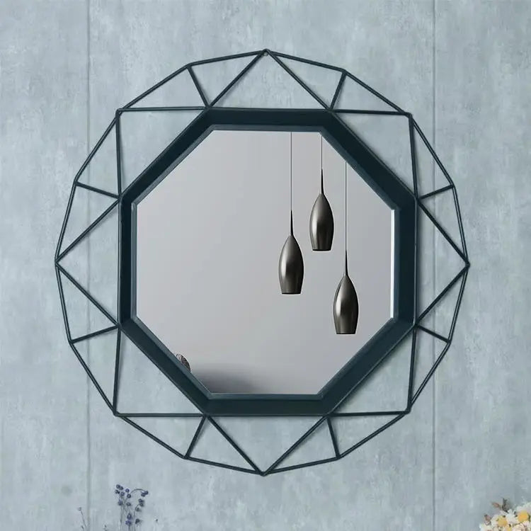 Large Octagonal Wrought Iron Wall Mirror – Metal Hanging Hook Decorative Art for Living Room and Home Decor
