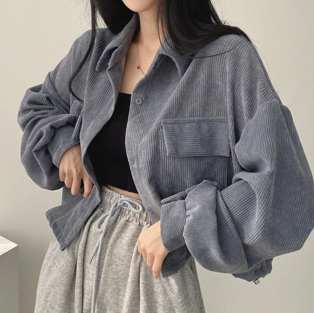 Women's Elegant Corduroy Jacket - Single-Breasted Casual Coat with Turn-Down Collar and Short Lantern Sleeves Celeste