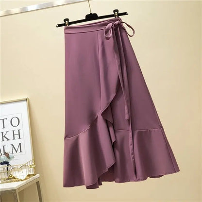 Women Girls Solid Color Fishtail Skirt Ruffles Irregular Hem Bandage Belt Hot Sell Mermaid Dress Long Skirt