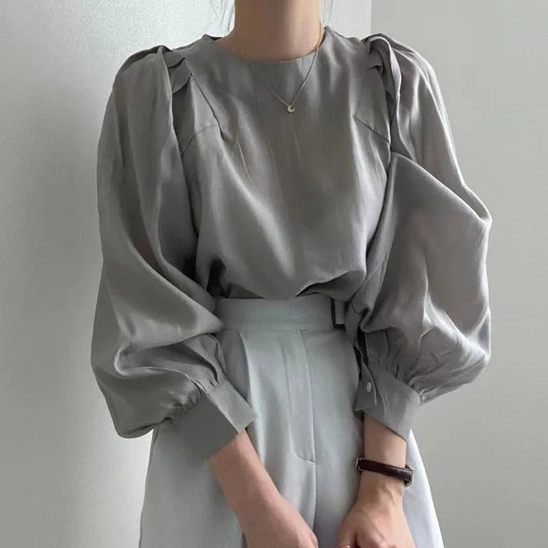 Women's Summer Casual Bubble Sleeve Shirt – French Style Round Neck Top