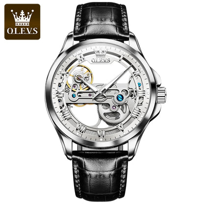 OLEVS 6661 Men's Mechanical Watch – New Design, Skeleton Dial, Real Leather Band, Waterproof, Transparent Mirror Wristwatch