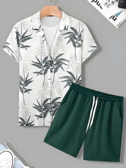 Men's Summer Outdoor Beach Set - Casual Short Sleeve Shirt & Elastic Waist Shorts, 2-Piece Outfit
