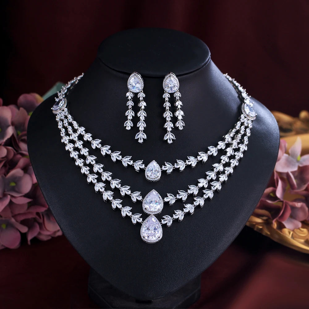Shiny White Zirconia 3-Layer Water Drop Leaf Necklace & Earrings – Luxury Bridal Wedding Jewelry Set for Women | Party Wear Eleanore