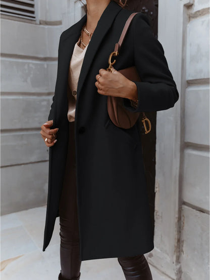 Women's Solid Color Woolen Coat - Lapel Button Mid-Length Autumn & Winter, Office Wear Cathy