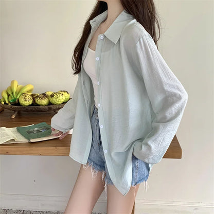 Women's Lightweight Long-Sleeve Shirt | Loose Korean-Style Single-Breasted Blouse Kara
