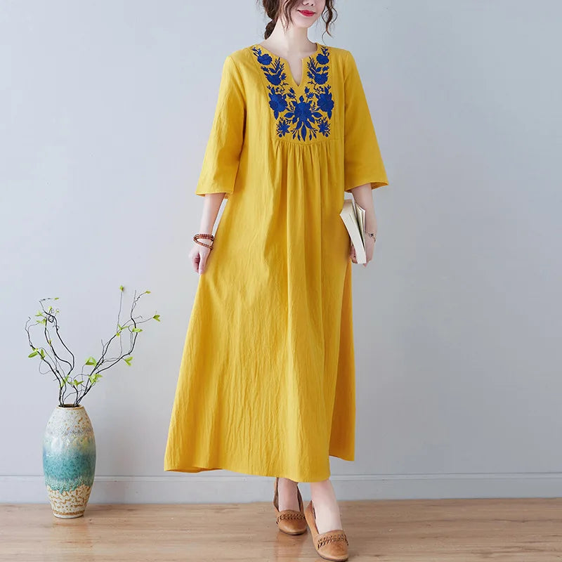 Women's Ethnic-Style V-Neck Embroidered Dress – Loose-Fit, 3/4 Sleeves, Mid-Length Summer Fashion