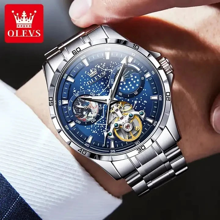 OLEVS 6689 Men's Automatic Mechanical Watch – Luxury Skeleton Design with Starry Sky Dial, Multifunctional Features, Stainless Steel, and Leather Strap
