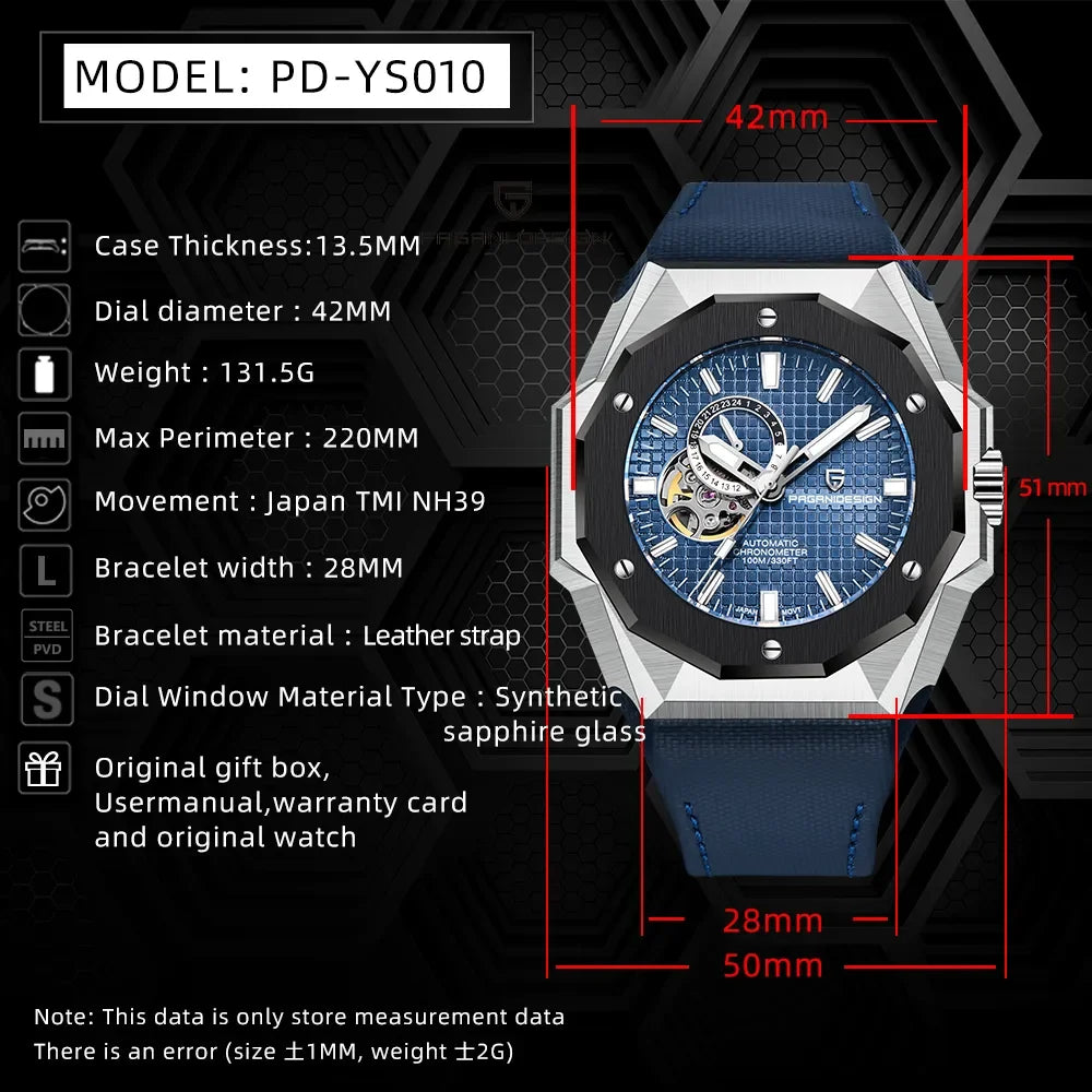 PAGANI DESIGN 
PD-YS010 Men's Mechanical Watch - Automatic, Stainless Steel, Sapphire Crystal, NH39A Movement, 100M Waterproof
