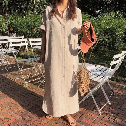 Korean Chic Summer Cotton Dress | Simple Lapel, Single-Breasted, Short-Sleeve Women's Fashion Mayella