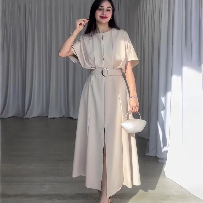 Women's Summer Slim Fit Dress – Solid Color Round Neck Short Sleeve Fashionable Casual Style Monique