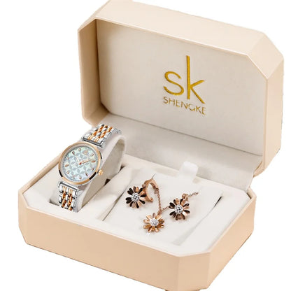 Shengke Women’s Waterproof Quartz Watch Set – Elegant Necklace & Earrings Jewelry Gift Thalia