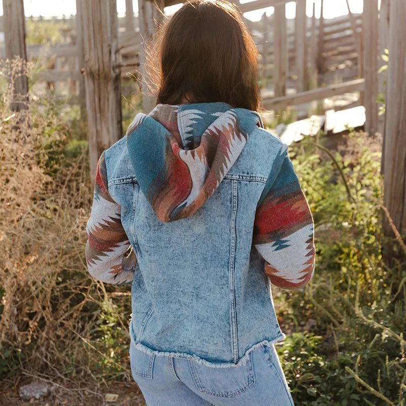 Women's Vintage Aztec Western Denim Jacket with Frayed Hem - Boho Chic Style Arabella