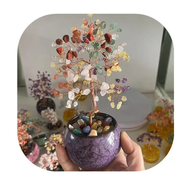 Natural Healing 7 Chakra Quartz Crystal Money Tree – DIY Ornaments with Copper Wire and Ceramic Bowl Base