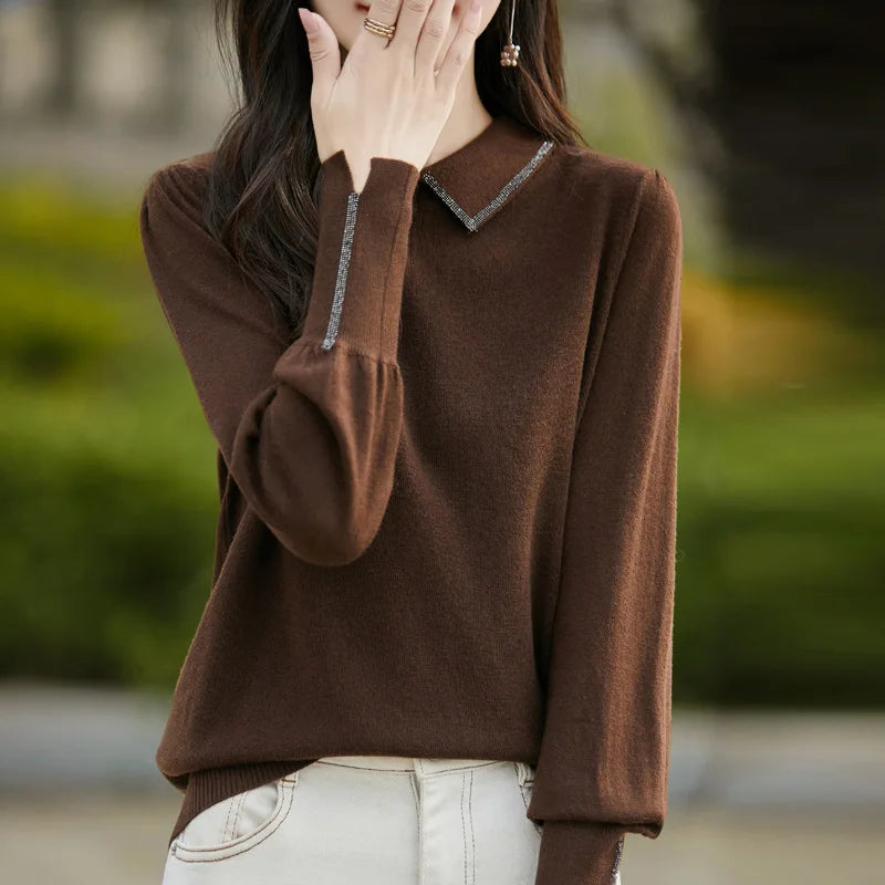 Women’s Autumn Lantern Sleeve Knitted Sweater – Casual Versatile Pullover with Fashion Collar