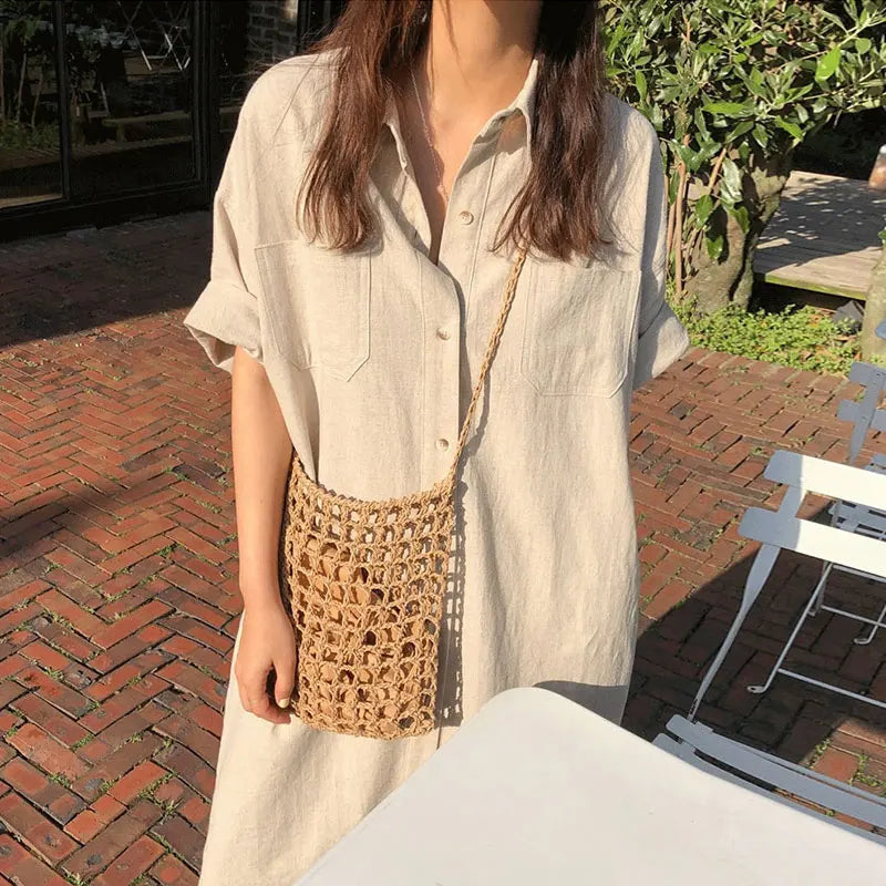 Korean Chic Summer Cotton Dress | Simple Lapel, Single-Breasted, Short-Sleeve Women's Fashion Mayella