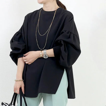 Women Blouse Round Neck Long Sleeve Slit Lantern Sleeve