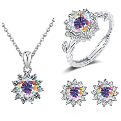 S925 Sterling Silver Stud Earrings & Pendant Set | 1 Carat Moissanite Necklace | Classic Sunflower Design | Perfect Valentine’s Day Gift Serafina