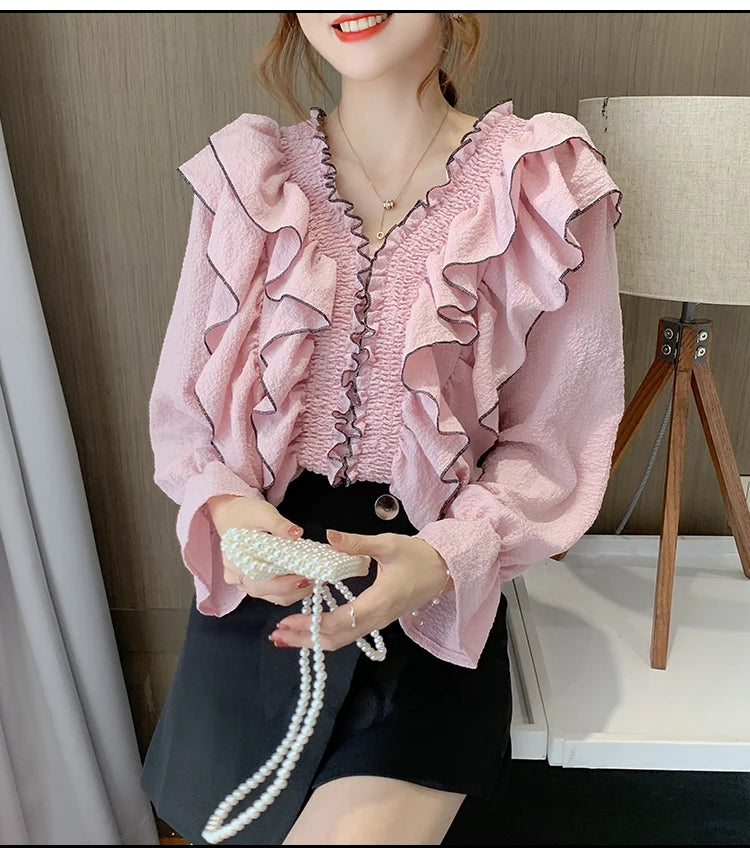 Women's Ruffle Pleated Chiffon Blouse – Court Style, Solid Color, Flare Long Sleeve Casual Top