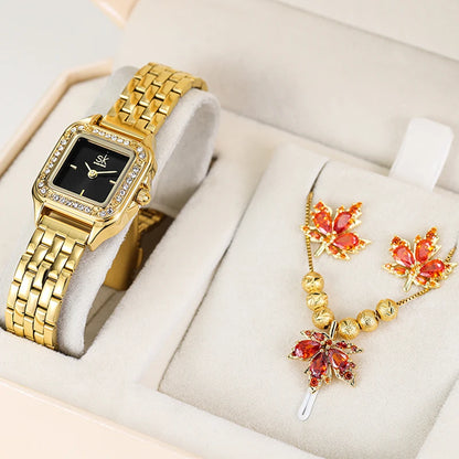 Shengke Ladies' Jewelry Watch Set - Bamboo & Maple Leaf Design, Women’s Gift Box Wristwatches Dorothy