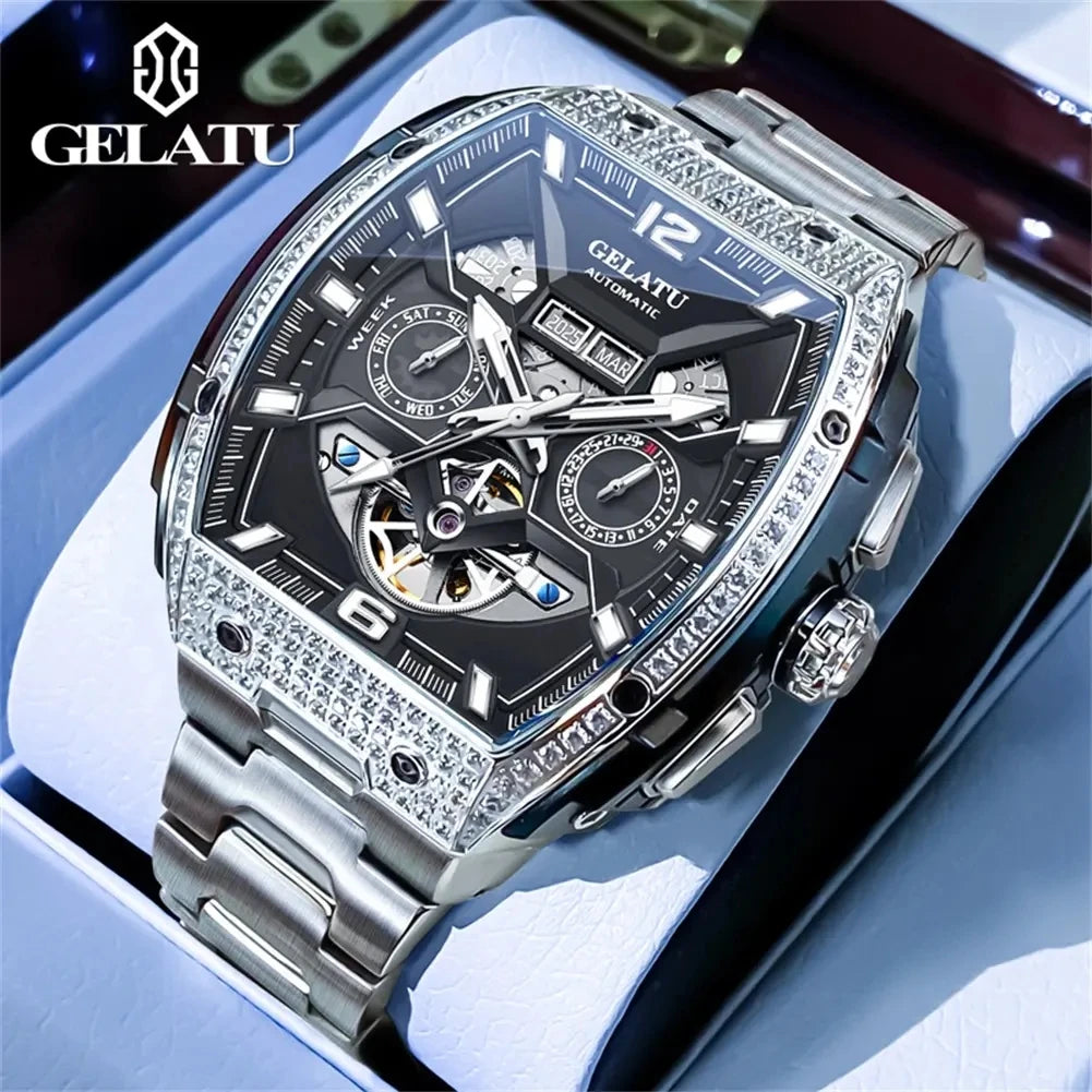 Gelatu 6016 Men's Fashion Automatic Mechanical Watch with Stainless Steel Strap – Waterproof Branded Wristwatch