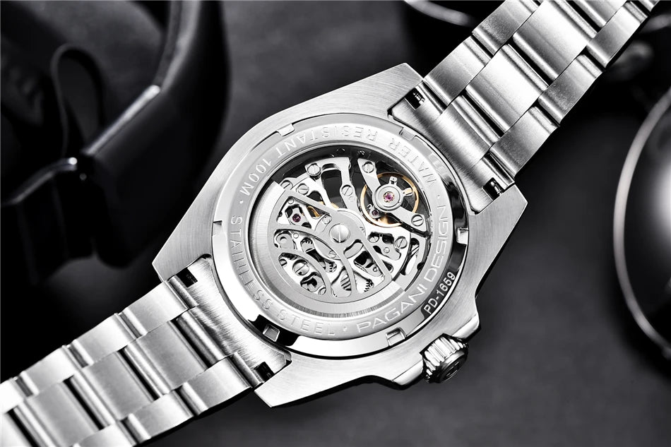 PAGANI DESIGN PD‑1659 Men’s Skeleton Automatic Mechanical Watch | Business Luxury Wristwatch with Date, Hollow‑Out Dial, 3ATM Water Resistant