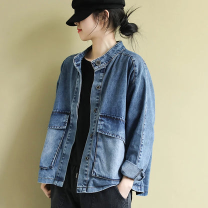 Autumn Women’s Plush Denim Coat – Stand Collar, Washed Casual Jacket, Warm and Versatile Audrey