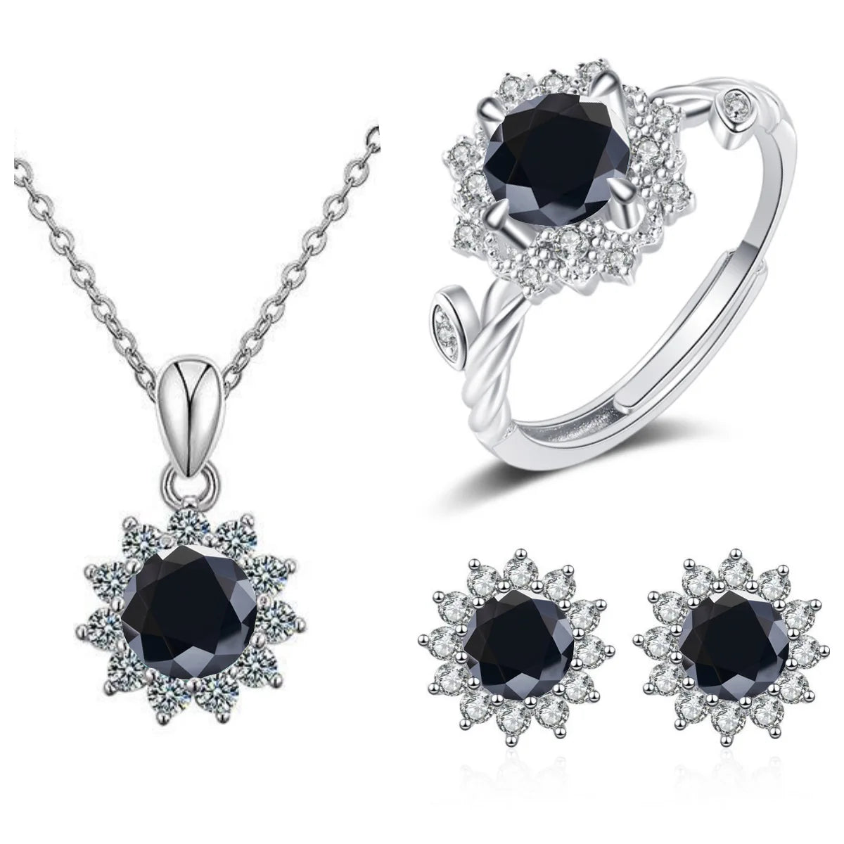 S925 Sterling Silver Stud Earrings & Pendant Set | 1 Carat Moissanite Necklace | Classic Sunflower Design | Perfect Valentine’s Day Gift Serafina
