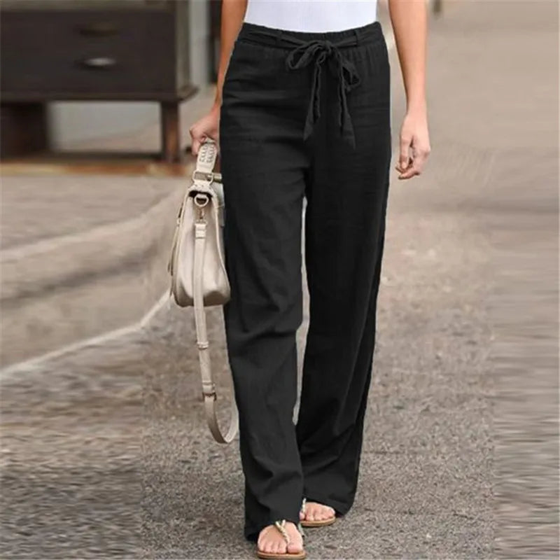 Women Linen Cotton Pants Wide Leg Casual Summer Solid Color