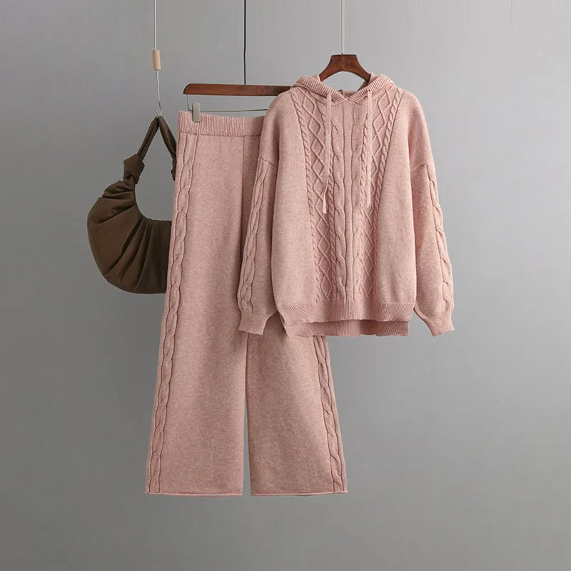 Women’s Warm Knit Jumpsuit Set – Hooded Cable Pullover and Two-Piece Sweater Outfit | Cotton-Nylon Blend Lorelei
