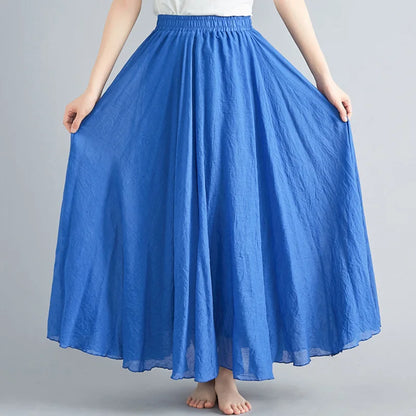 Women Loose Cotton Linen Elastic Waist A-line Solid Color Pleated Skirt