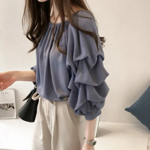 Women's Off-Shoulder Chiffon Blouse - Loose Lantern Sleeve Top Lara