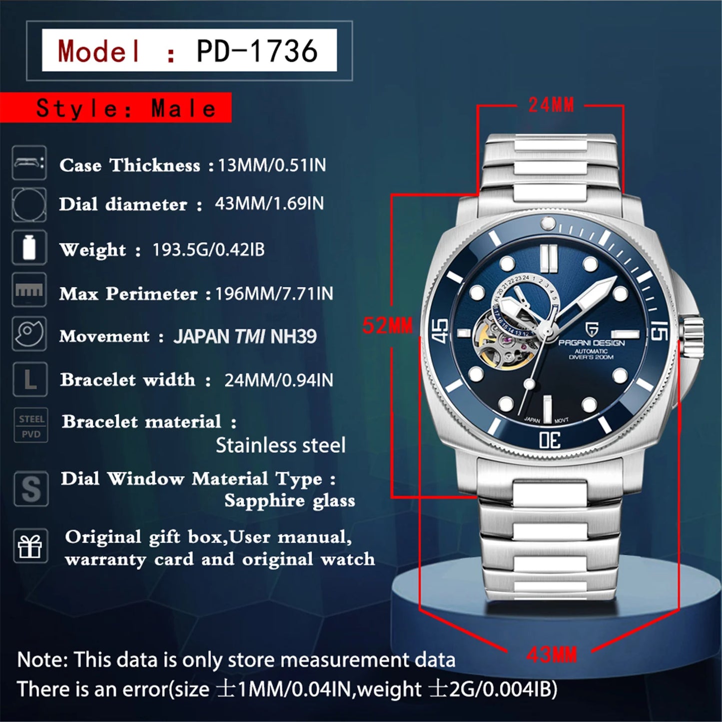 PAGANI DESIGN PD1736 Men's Automatic Mechanical Watch - 2024 New Sapphire Diving Watch, Stainless Steel