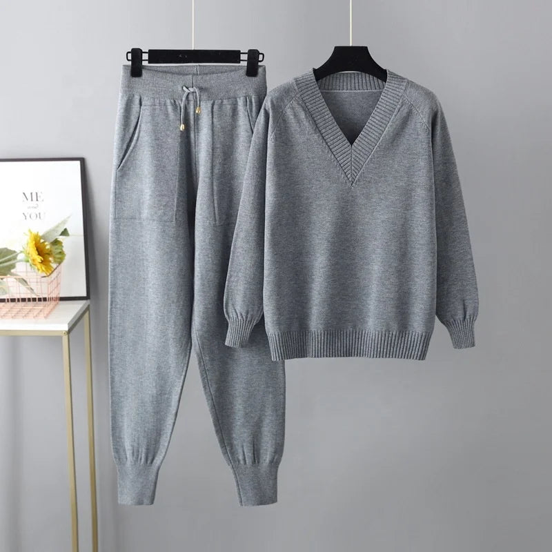 Autumn & Winter Women's Sweater Two-Piece Set – Casual Knit Jumper and Harun Pants Outfit Harlene
