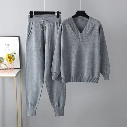 Autumn & Winter Women's Sweater Two-Piece Set – Casual Knit Jumper and Harun Pants Outfit Harlene