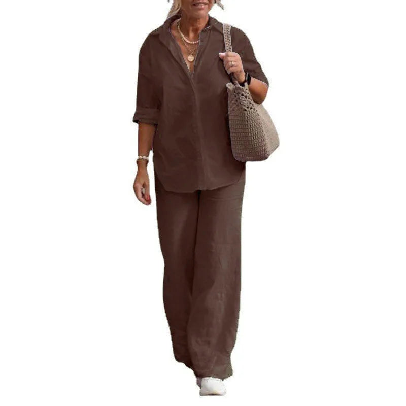 Women Casual Solid Color Pants Wide Leg Set