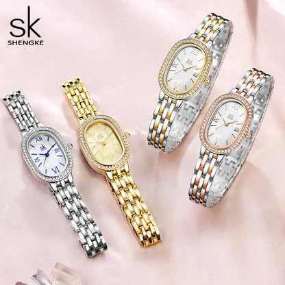 Shengke Women's Luxury Oval Crystal Watch – Elegant Diamond-Accented Fashion Wristwatch with Alloy Bracelet for Girls and Women