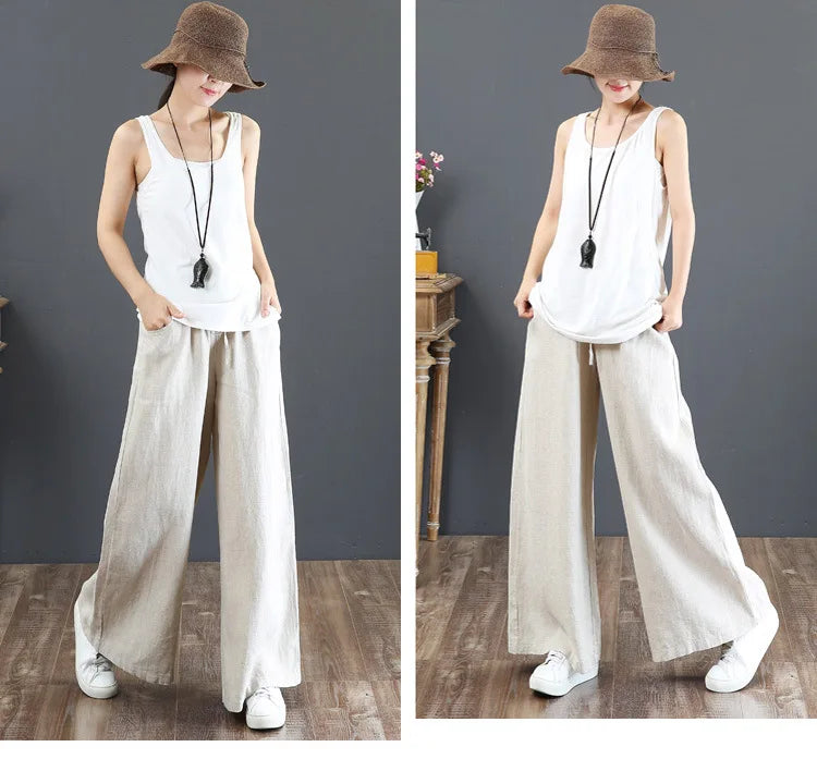 Women's Retro High-Waist Wide-Leg Cotton Linen Pants - Loose Fit, Plus Size Casual Trousers