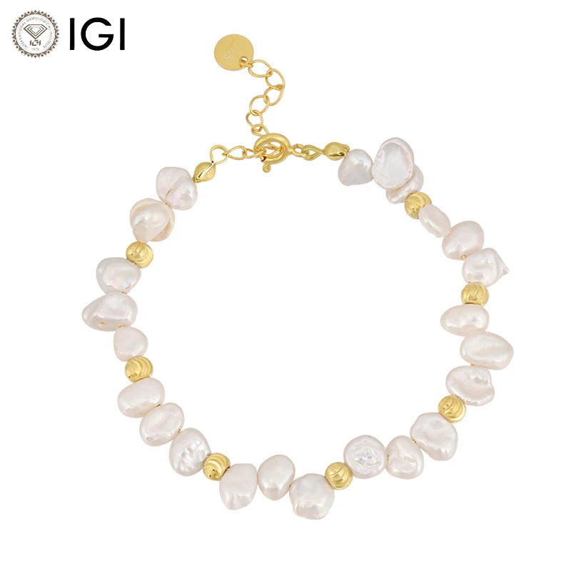 Vintage 925 Sterling Silver Freshwater Pearl Bracelet – 18K Gold Plated Baroque Pearl Bracelet for Women