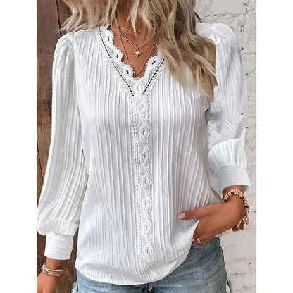 Women's White Lace V-Neck Blouse - Long Sleeve Casual Shirt Jenna