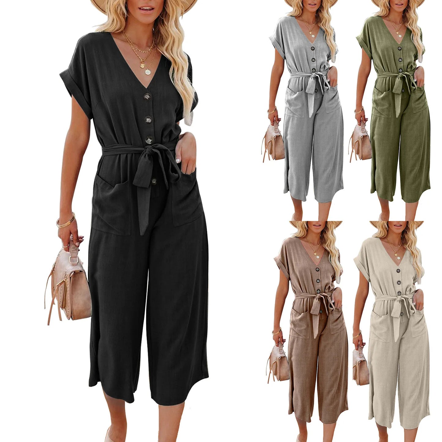Women's Loose V-Neck Jumpsuit | Casual Lace-Up Design with Pockets Janine