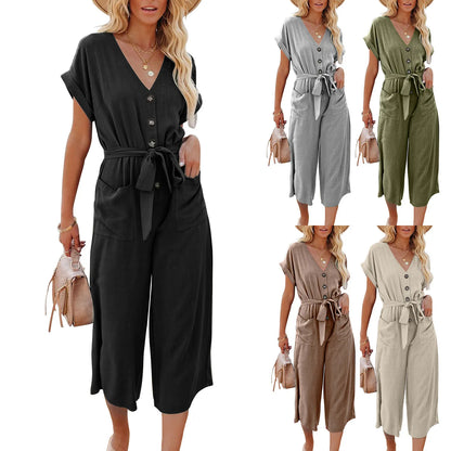 Women's Loose V-Neck Jumpsuit | Casual Lace-Up Design with Pockets Janine