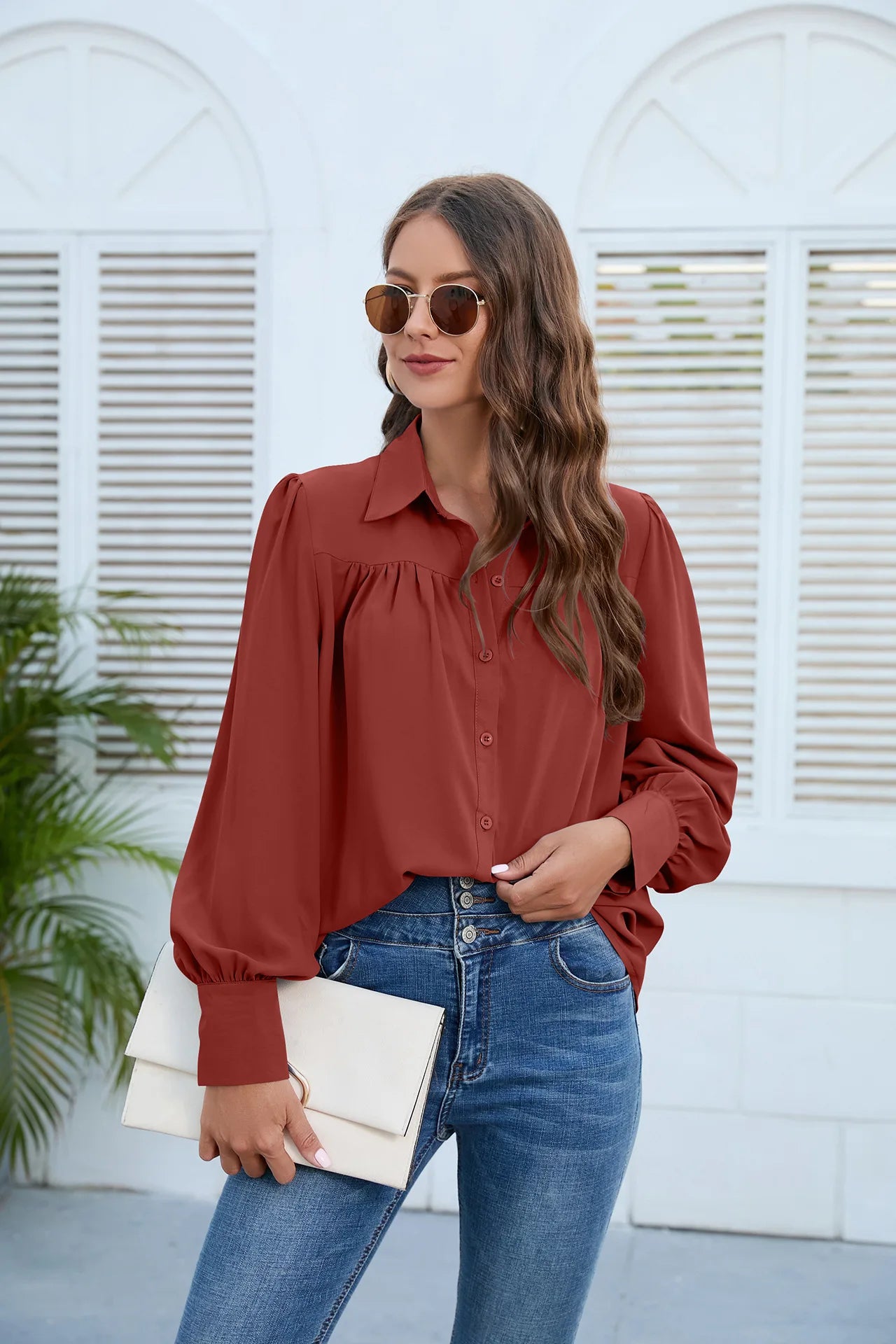 Women's Pleated Chiffon Shirt - Long-Sleeve Top Shaira