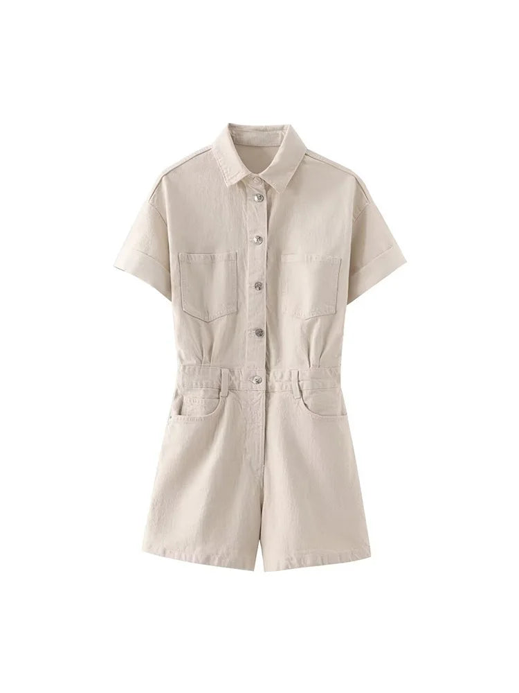 Women's Denim Short Jumpsuit - Retro High-Waist Style with Zipper Placket | Casual Chic Outfit Sabrina